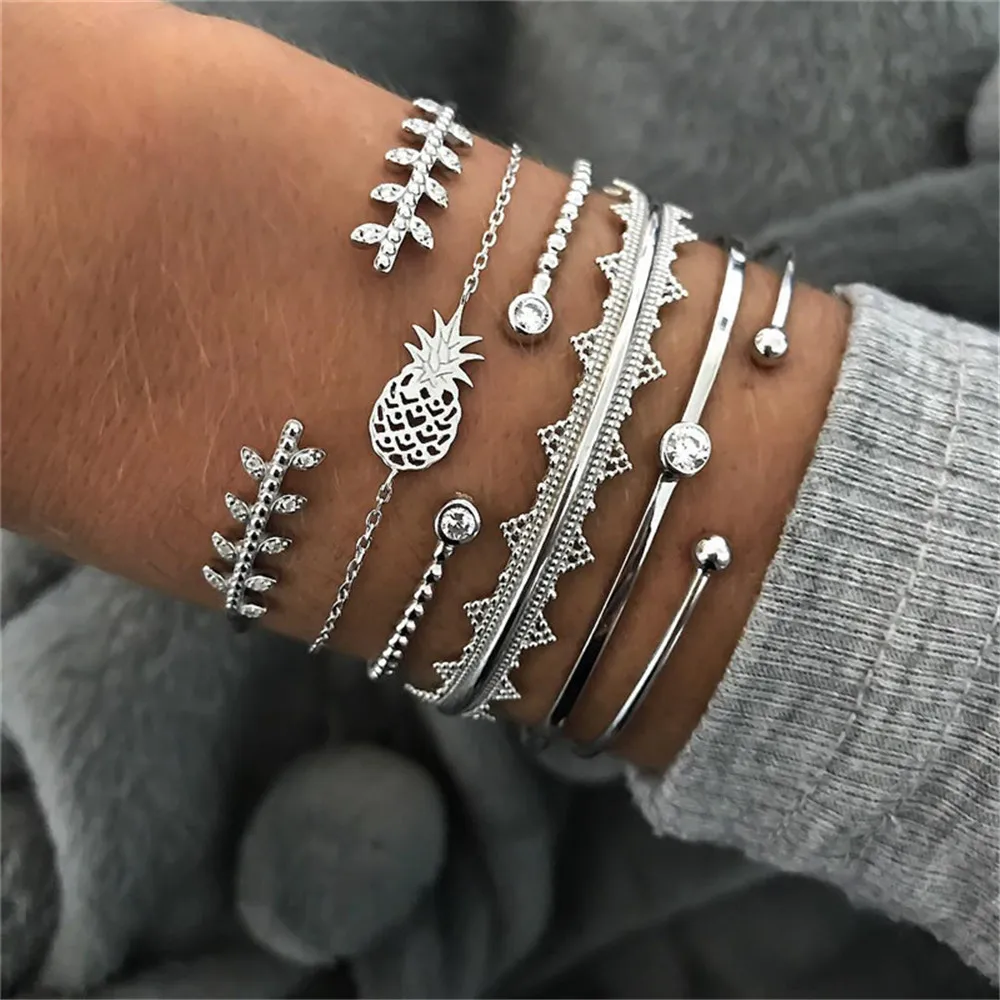 

Vintage Silver Pineapple Crystal Leaf Bracelets & Bangles For Women Boho Adjustable Multiple Layers Bracelet Set Jewelry