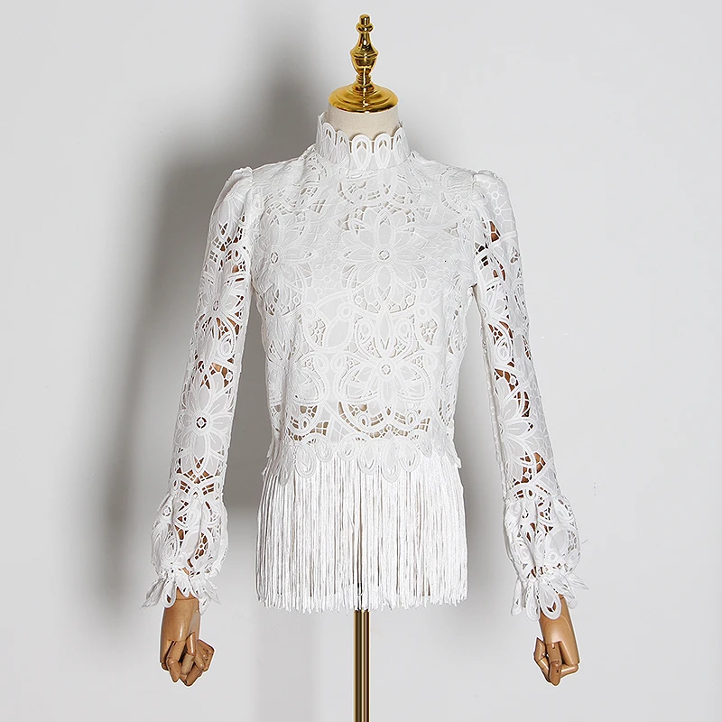 TWOTWINSTYLE повседневные женские блузки в стиле пэчворк с кисточками женские рубашки с высоким воротом и расклешенными длинными рукавами женская мода - Цвет: white