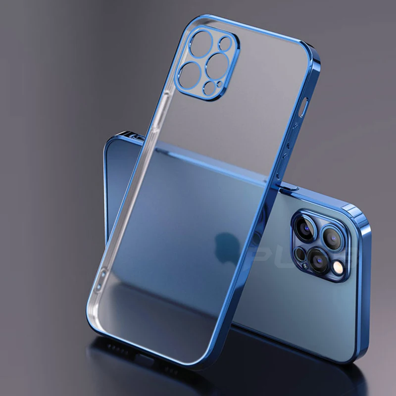 Luxury Plating Square Frame Matte Soft Silicone Case for iPhone 11 12 13 Pro Max Mini XR X XS 7 8 Plus SE 2020 Transparent Cover