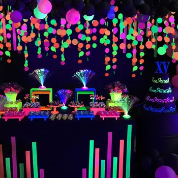 형광 원형 도트 화환 네온 스트리머, UV 블랙 라이트 반응 발광 웨딩 파티, 어린이 생일 장식