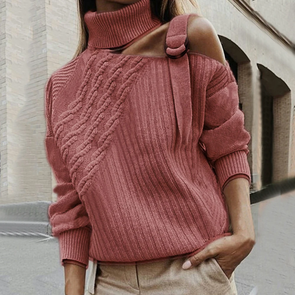Patchwork Turtleneck Sweater Women Sexy Off Shoulder Autumn Knitted Pullover Long Sleeve Ribbed Sweater Jumper Pull Femme
