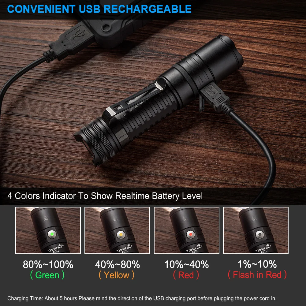 Trustfire E3R 충전식 LED 손전등, USB 충전, 1000 루멘, 18650 포켓 Edc 토치 램프, 관광 및 야외 캠핑