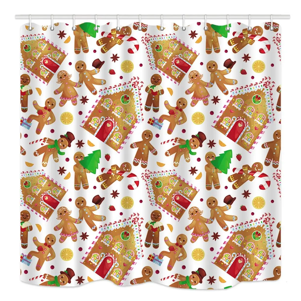 

Christmas House Gingerbread Man Shower Curtain Waterproof Polyester Fabric Bathroom Decor