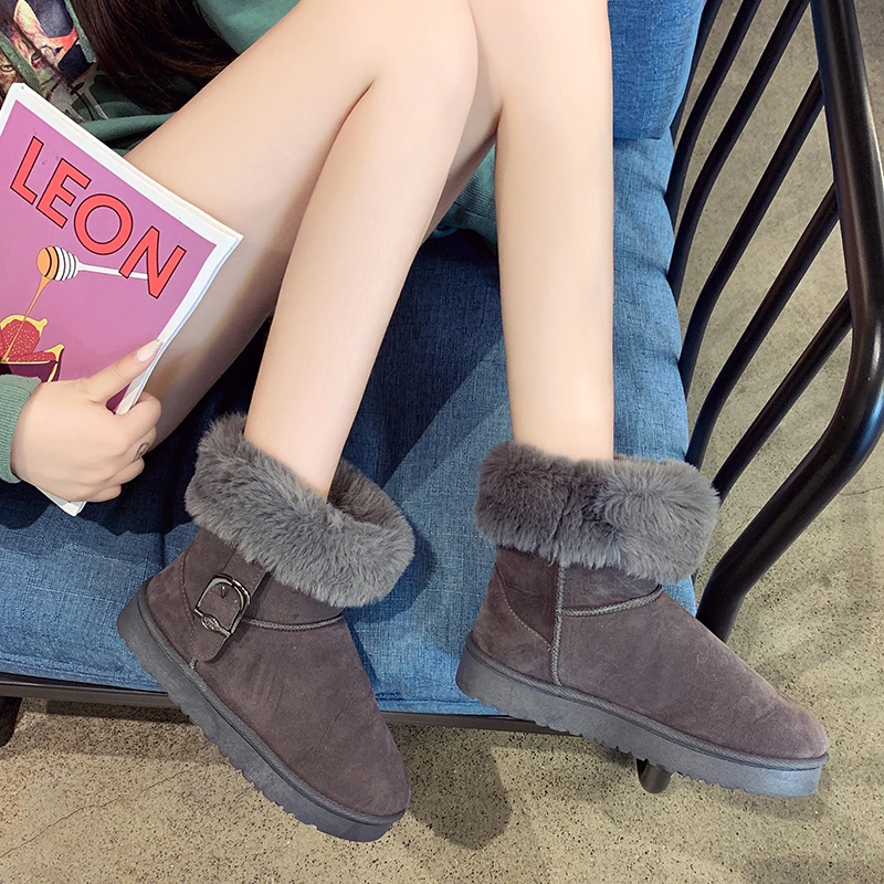 

Snow Boots 2019 Women Casual Fluffy Fur Flat Shoes Non-slip Ankle Boots Female Plus Velvet Winter Keep Warm Women's Booties