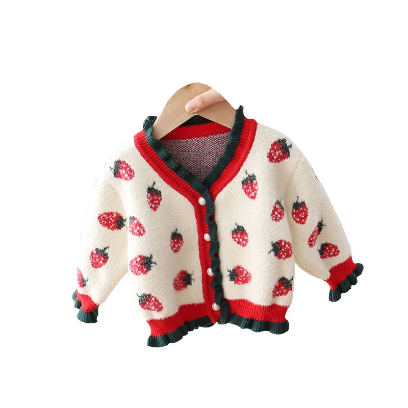 Г. Популярные модели, Корейская версия осенней новой детской одежды г. Пальто-свитер для девочек кардиган с треугольным вырезом в виде клубники