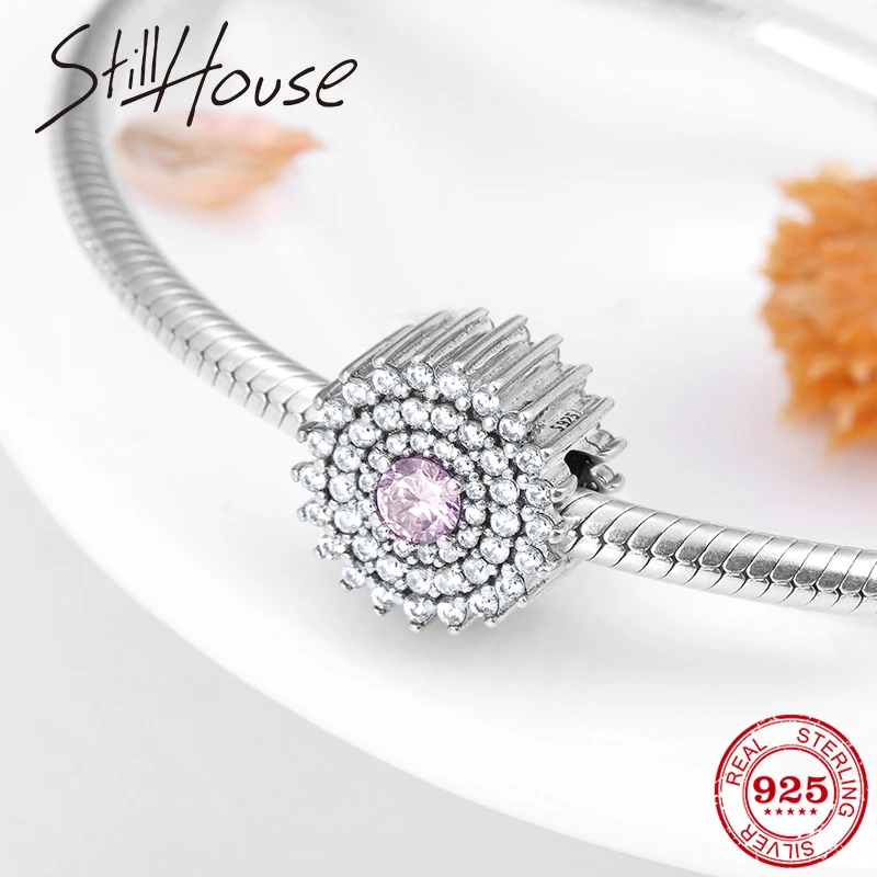 silver 925 Round shape Charming Clear and Pink Zircon flower beads Fit Original European Charm Bracelets Bangles jewelry making | Украшения
