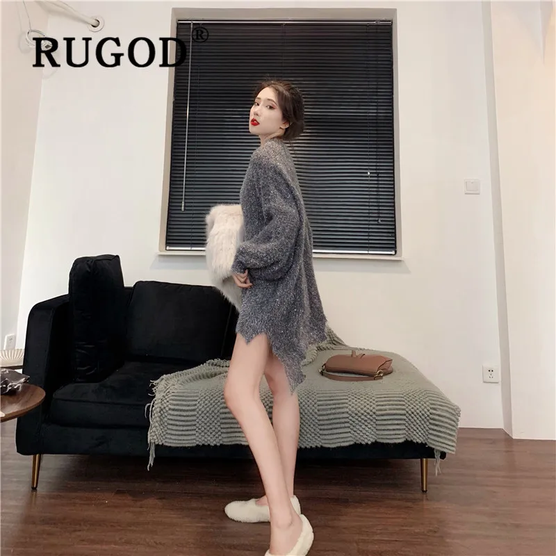 RUGOD, новинка, корейский стиль, шикарный свитер с блестками, неровный, с круглым вырезом, джемпер, Зимние Топы для женщин, мода