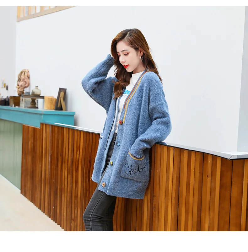 Шерстяная Женская куртка Осень корейский стиль IFASHION Топы Ранняя осень элегантный свитер с v-образным вырезом стиль лень
