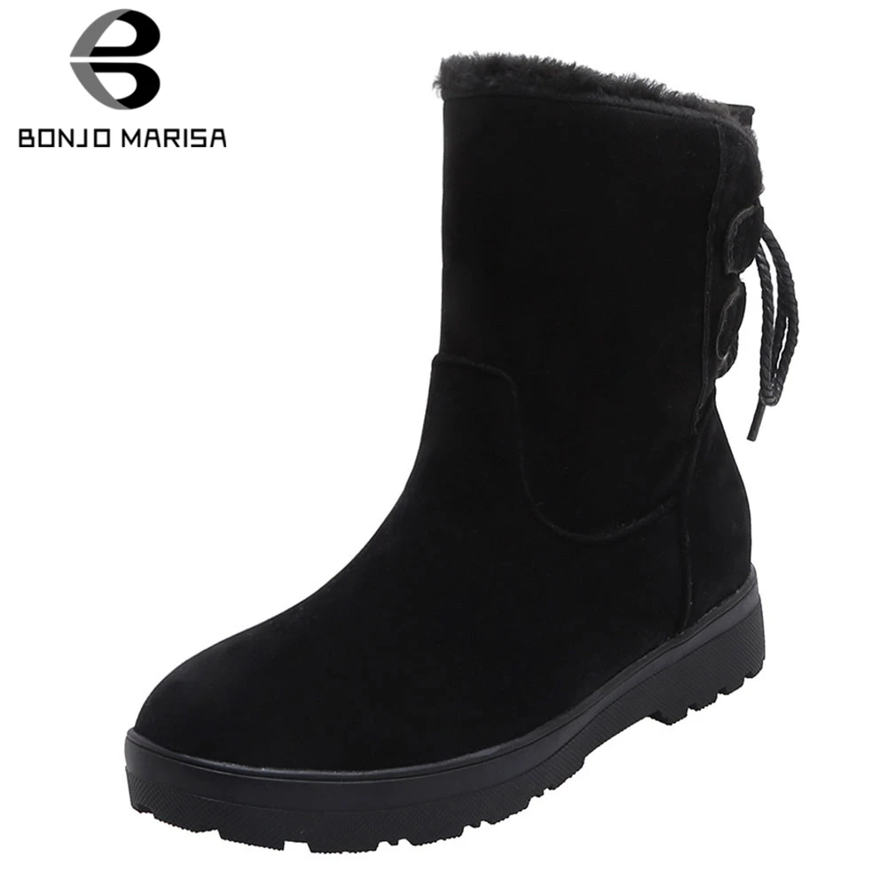 BONJOMARISA/Размеры 33-50, лаконичные меховые ботинки на платформе, женские повседневные Зимние ботильоны на низком каблуке г. Женская зимняя теплая нескользящая обувь