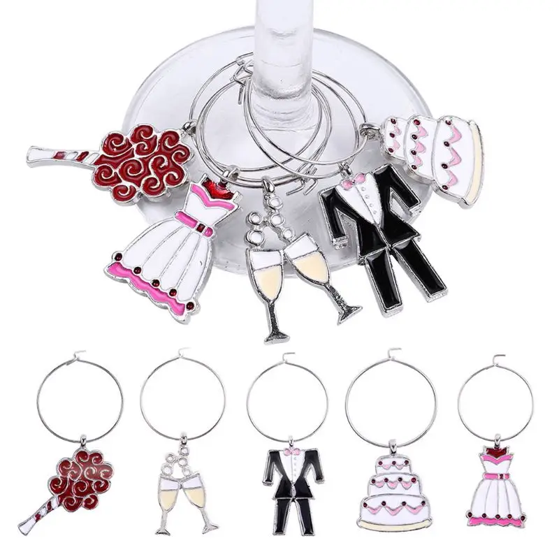 

5pcs/set Bride Groom Dress Pendant Wine Glass Cup Ring Tags Markers Table Decor