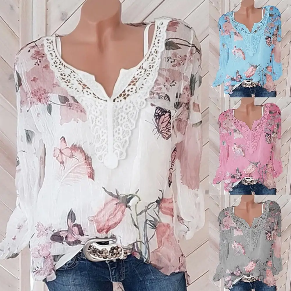 Blusa holgada de encaje con manga larga para verano, camisa holgada con estampado de flores y mariposas para mujer, cuello en V