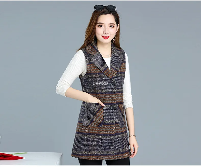 UHYTGF Sleeveless Women Jacket Single-Breasted Spring Autumn Vest Coat Fashion Plaid Casual Female 5XL Loose Size Waistcoat 1253