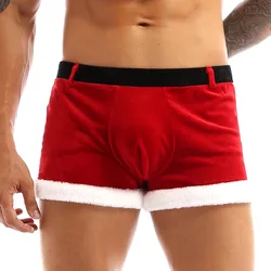 Red Mens Christmas Santa Claus Boxer Shorts Soft Velvet Tight Christmas Fancy Party Cosplay Costume Underwear Panties