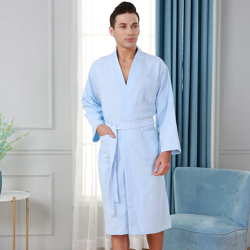 Men Summer Waffle Bathrobe Women Cotton Kimono Wedding Robes Sexy Plus Size Absorbent Long Dressing Gown Sleepwear Bathrobes cotton pajama pants Men's Sleep & Lounge