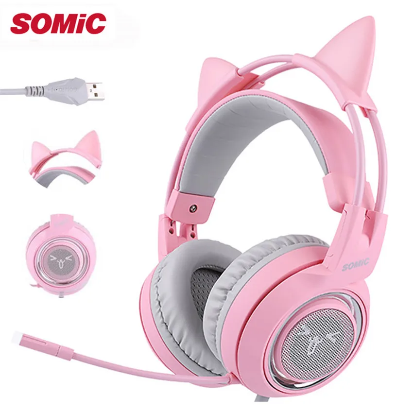 SOMIC G951 USB 7 1 Headset Surround Sound Gaming Headphone Bass Casque with Cat Ear Mic vibration for PC Notebook Pink kids Girl