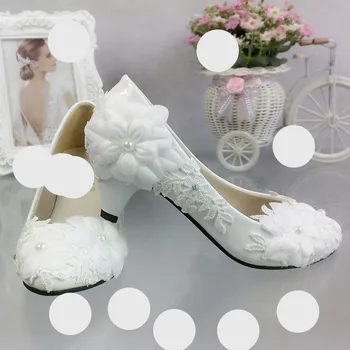 

Middle 5cm heel white lace flower wedding shoes bride white color handmade luxury high quality plus size bridesmaid bridal pumps
