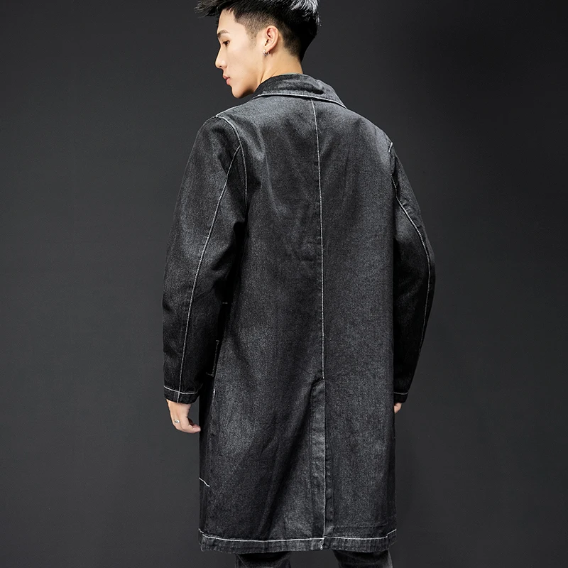 New denim jacket long section spring and autumn coat coat handsome male hole loose