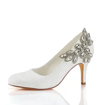 

Round Toe High Heel White Lace Wedding Pumps With Silver Rhinestones 8CM