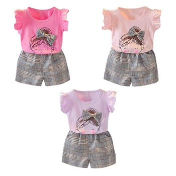

Casual Summer Cartoon Print Short Sleeve 2019 Baby Girl Shorts Set Children Girls T-shirt+Plaid Shorts Suits 2Pcs Costume Set