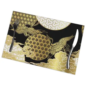 

6 Pcs Placemat Table Mat Japanese Black And Gold Crane Sky Cloud For Tables Heat-insulation Linen Kitchen Dining Pads