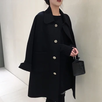 

Wool Blend Coat Women Long Sleeve Collar new Outwear Long Jacket Korean Casual Winter Elegant Overcoat women Woolen Coat
