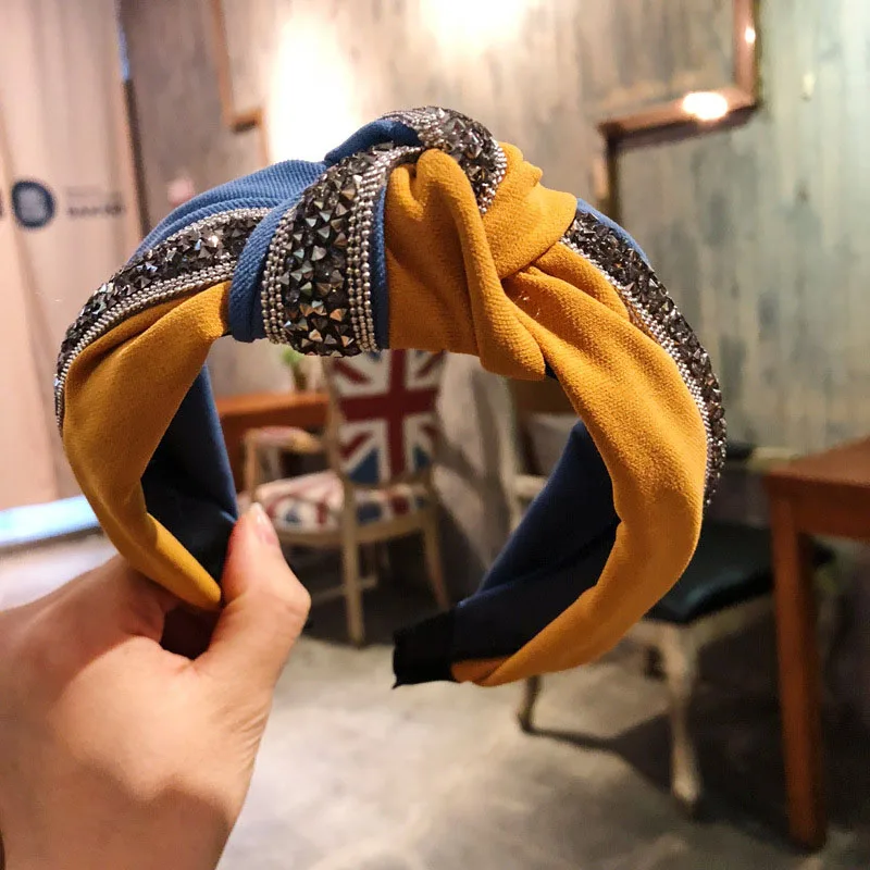 Новинка, обруч для волос, бант, Женская Блестящая повязка на голову, винтажный галстук с пайетками, лоскутный, с кристаллами, твист, модная широкая головная повязка с перекрестным узлом - Цвет: Blue yellow