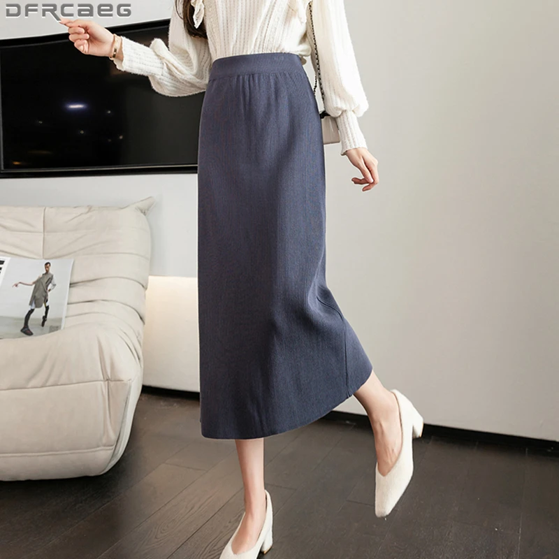 

Autumn Winter High Waist Long Skirts For Women Fashion Streetwear Package Hip Split Bodycon Knitted Skirt Slim Wrap Pencil Falda
