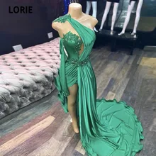 

LORIE Sexy Evening Dresses Appliques Beaded Long Formal One Sleeves Arabic Prom Gowns Emerald Green Mermaid Party Dress 2021
