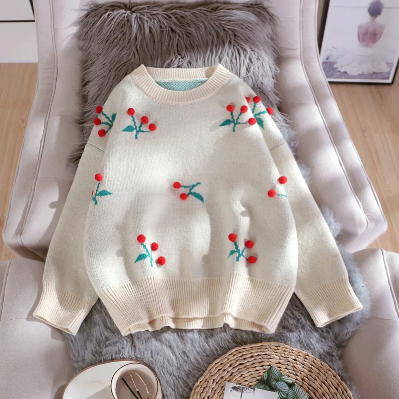 

Prowow 2020 Autumn Winter Women Kawaii Sweater Long Sleeve O-neck Causal Knitted Pullover Tops 3D Cherry Sweet Pull Jumpers