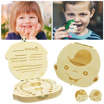 

baby tooth box wooden English Spanish French Russian Italian Teeth Umbilica Lanugo Organizer Gift Keepsakes Save