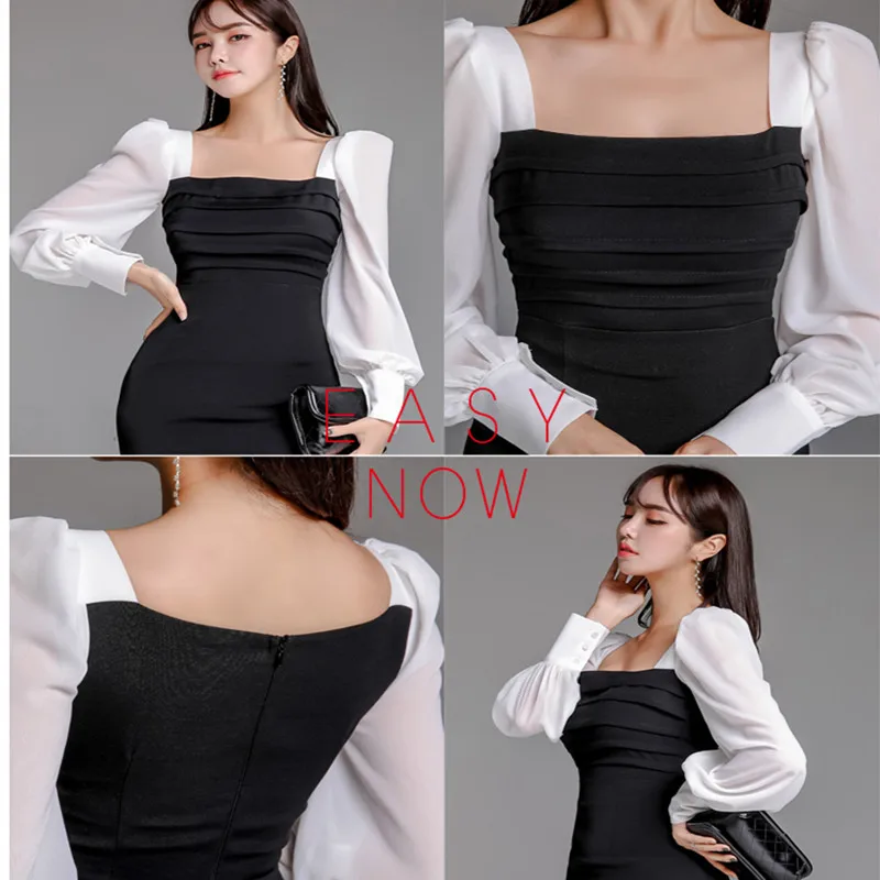 Autumn Women Formal Party Dress Women Elegant Black White Square-neck Long Sleeve Bodycon Club Dress Winter Spring