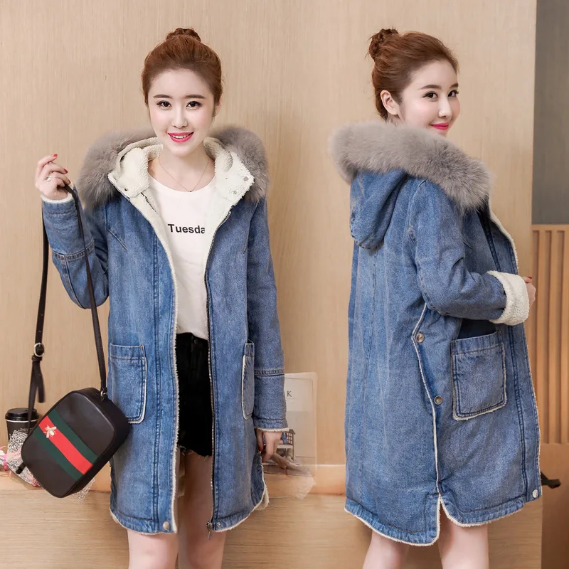 

Photo Shoot 2019 Winter New Style WOMEN'S Dress Mid-length Large Fur Collar Cowboy Cotton-padded Clothes plus Velvet Berber Flee