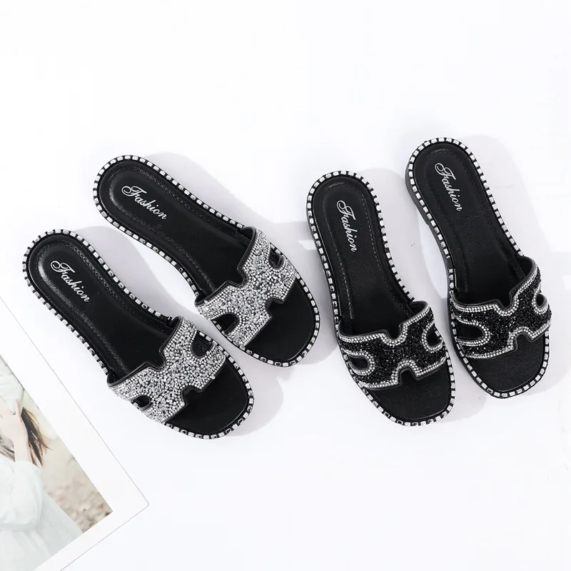 

Sandals Women's Summer Fashion Outerwear Crystal H Slippers New Style Travel Versatile Flat Beach Sandals A- line Slippers