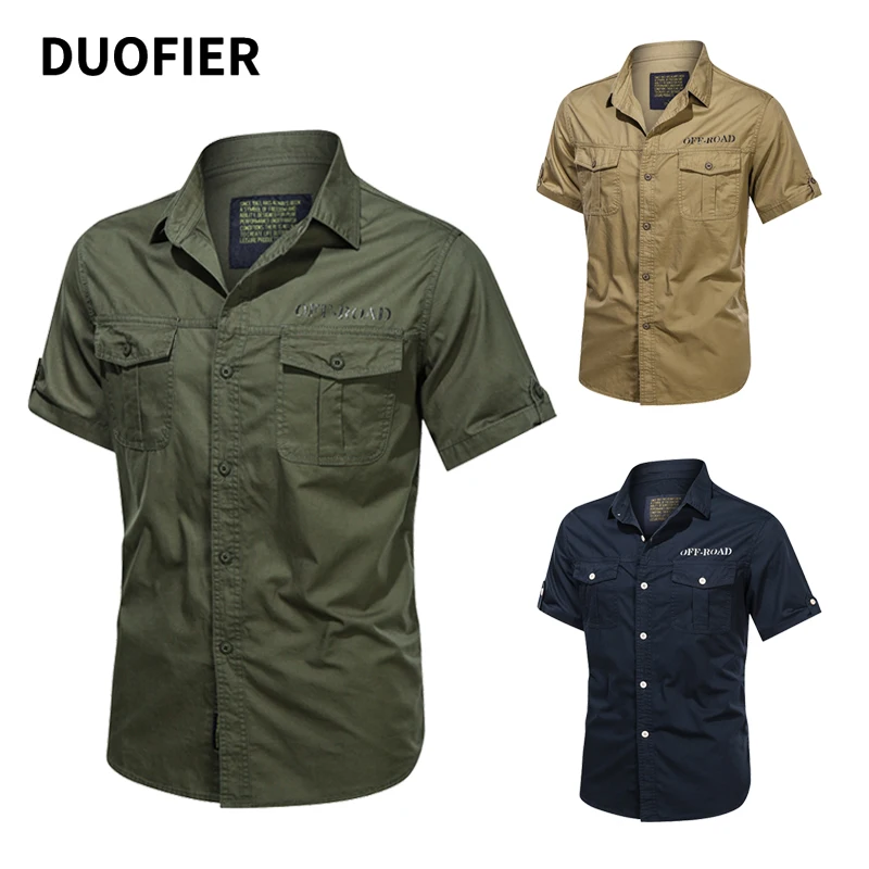 100% de los hombres de algodón militar sólido camisas solo Breasted pantalón corto Casual Tops de manga hombre de negocios de verano camisa de corte Slim uniforme militar