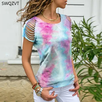 

SWQZVT New Summer Women Tie Dye Printed Top Tees Short Sleeve Round Neck Women T-Shirts Fashion Casual Women tshirt Clothing