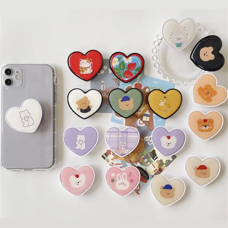 Cartoon Heart Bear Expanding Stand Mount Grip Phone Socket Fold Mobile Smartphones Pocket Holder Bracket Phone Stand Holder mobile holder