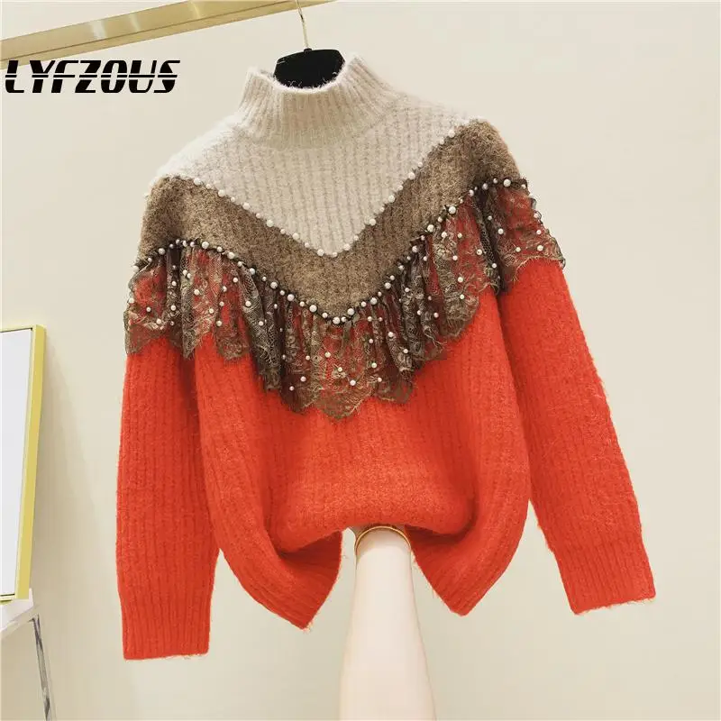 Mixed Color Autumn Winter Women Sweaters And Pullovers Bead Long Sleeve Knitted Sweater Pullover Female Mesh Patch Loose Jumpers | Женская
