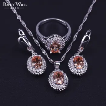 

silver color earrings ring necklace pendant champagne cubic zircon jewelry set Pretty costume Bridal Jewelry set
