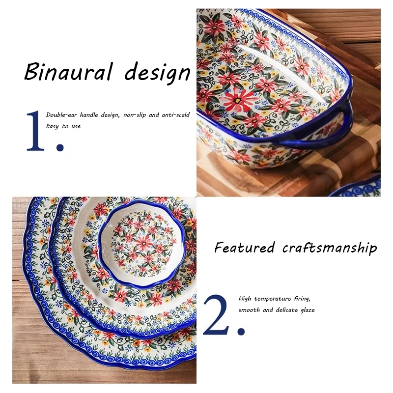 Ceramic Bowls Polish Style Bakeware Baking Binaural Bowl With Handle Tableware Salad Dessert Steak Pasta Plate ceramic noodle bowl tableware set cereal bowls