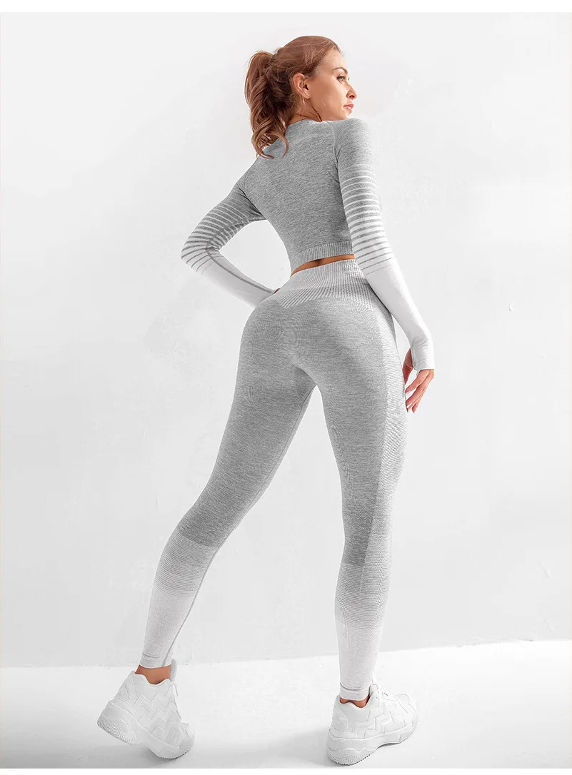 Новая женская одежда для фитнеса, набор для йоги с длинными рукавами, спортивные дышащие Бесшовные Леггинсы для спортзала для женщин