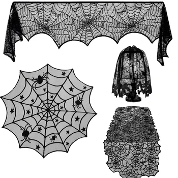 

4 Pcs Halloween Decorations Sets Halloween Tablecloth Spooky Bat Spiderweb Lace Rectangular Tablecloth Round Lace Table Cover