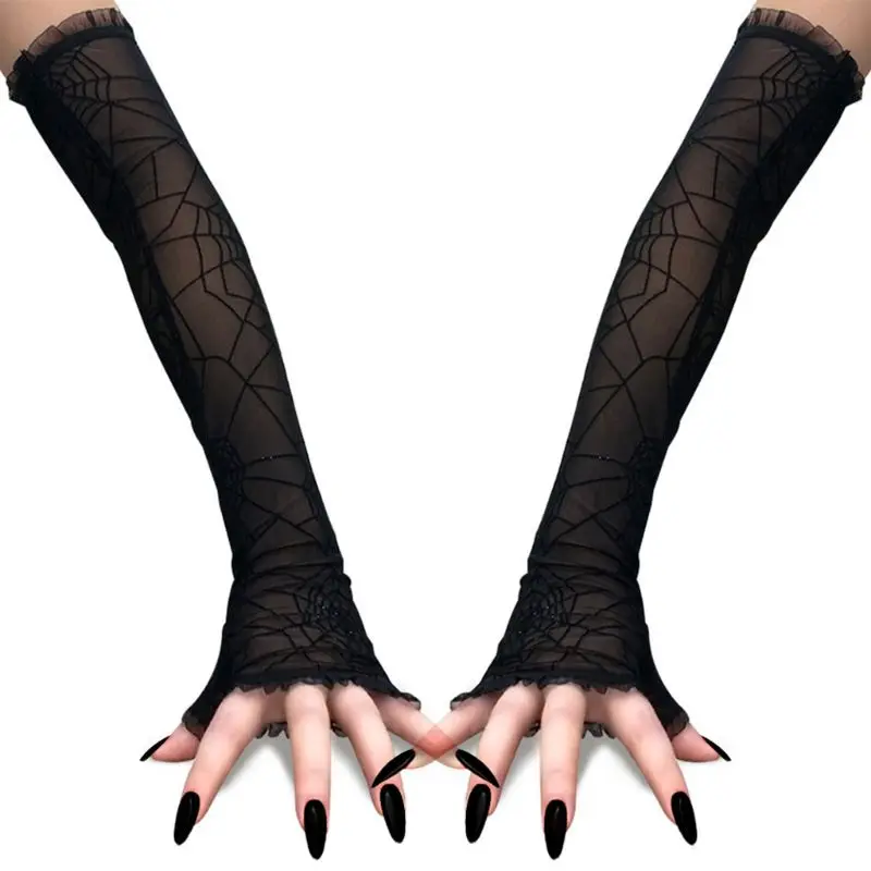 Women Halloween Fingerless Long Gloves Lady Female Stylish Rhinestone Spider Web Cosplay Costume Gloves