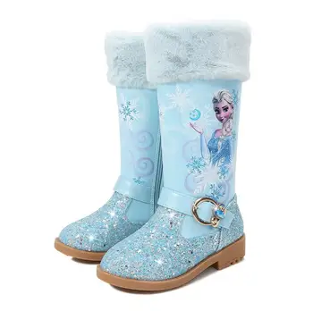 

Disne Genuine Leather Children Snow Boots Rabbit Fur Fashion Girls Elsa Princess Boots Warm Plush Shoes Kids Boots For Girl