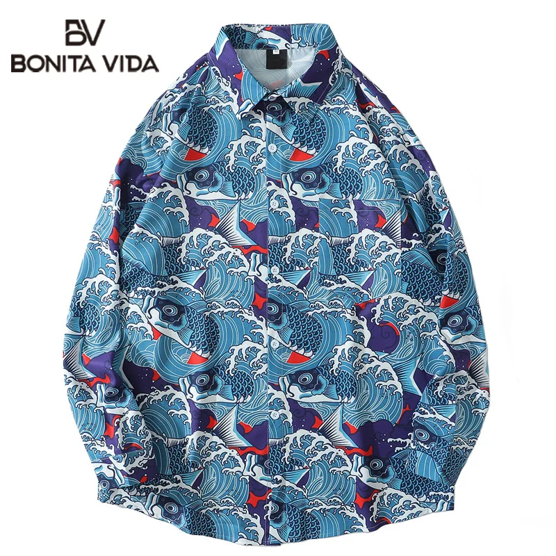 Bonita Vida  Japanese Style Seawave Carp Koi Fish Print  Beach Shirts Mens Hawaiian Harajuku Casual Long Sleeve Dress Shirt Tops