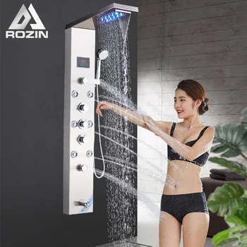 Colonna per doccia da bagno in nichel spazzolato Rubinetti per pannello doccia a LED neri montati a parete Schermo digitale a pioggia Rubinetto miscelatore a 6 modalità 1