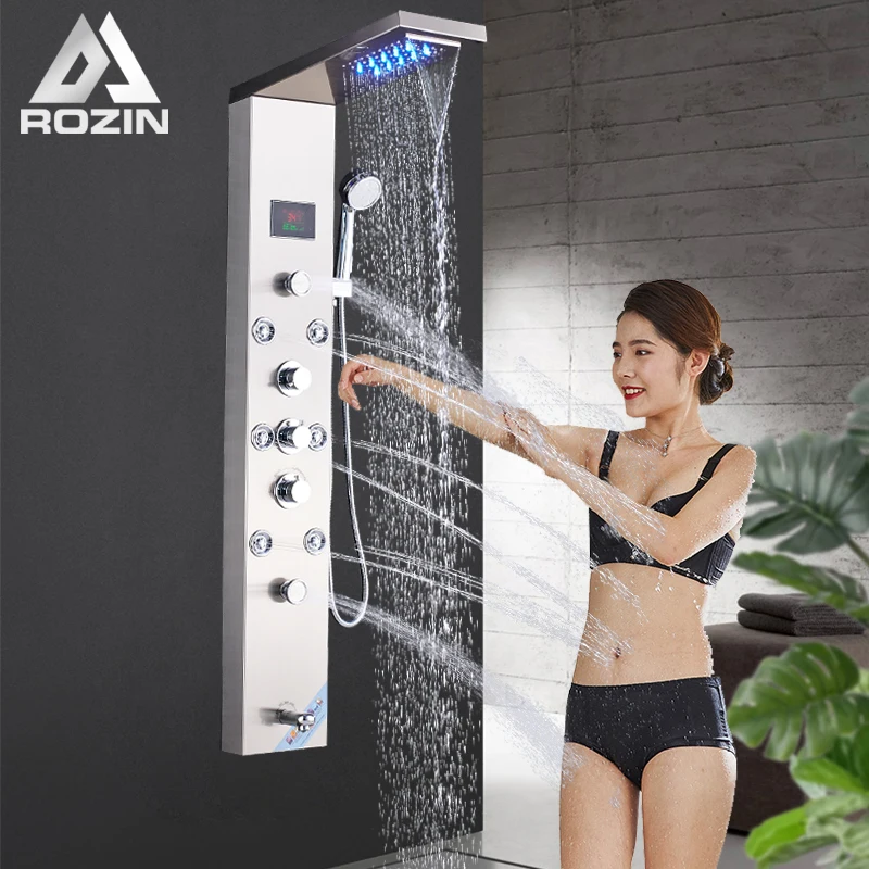 Rozin Brushed nickel Bathroom Shower Column Black LED Shower Panel  Rainfall Shower Faucets Digital Screen 6 Modes Mixer Tap
