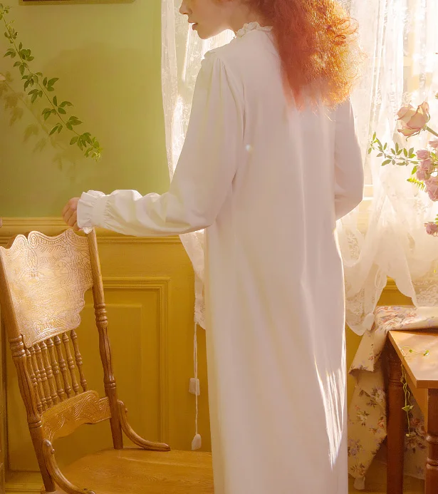 נשים של חמוד נסיכת שמלה ארוך שרוול Sleepshirts בציר חוטי Selvedge כותנות לילה. ויקטוריאני כותונת שינה Loungewear