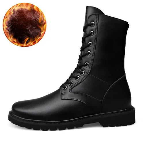 Black with Fur JUNJARM мужские армейские ботинки из натуральной кожи износостойкие мужские военные ботинки до середины икры высококачественные мужские зимние ботинки размеры 38-46 - Цвет: Black with Fur