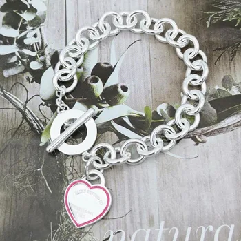 

1: 1 sterling silver 925 classic pink enamel heart-shaped ladies bracelet jewelry holiday gift