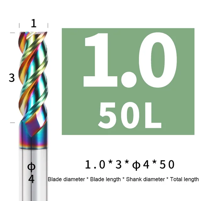 Colorful End Mill Aluminium HRC55 3F Milling Cutter Acrylic Wood Copper Plastic Cutting Tool CNC Maching Milling Tools Endmils 1X3XD4X50L